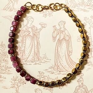 Natural Dark Pink Morganite And Gold Nugget In Beaded Necklace